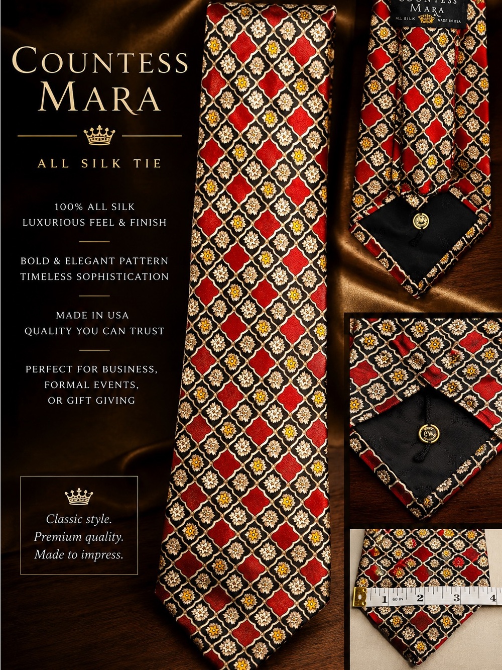 Countess Mara Red & Gold Geometric Silk Tie